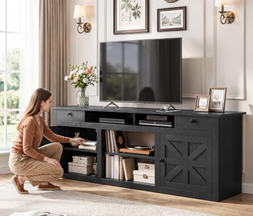 Farmhouse TV Stand with Power Outlet for 80 Inch TVs, Black, view 5