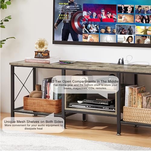 TV Stand with Power Outlets for 65 Inch Industria Media Entertainment Center with Charging Station, 3-Tier Open Shelves & Metal Frame for Living Room, Bedroom, 55 Inch, Grey