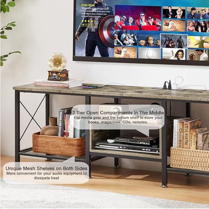 TV Stand with Power Outlets for 65 Inch Industria Media Entertainment Center with Charging Station, 3-Tier Open Shelves & Metal Frame for Living Room, Bedroom, 55 Inch, Grey