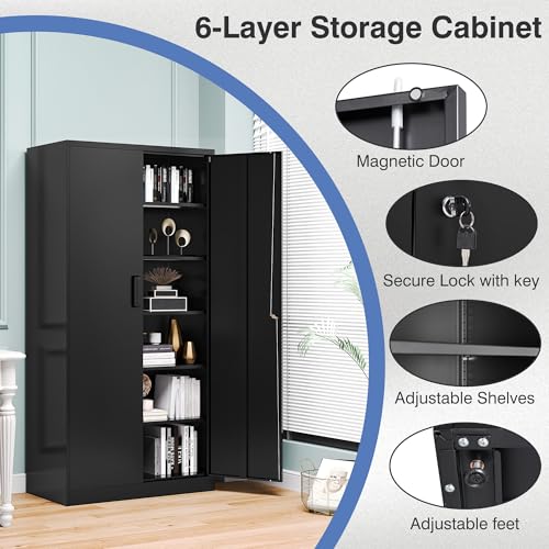 72" Tall Metal Storage Cabinet with Lock, Garage Cabinet with 2 Locking Doors and 5 Adjustable Shelves,Steel Locking Cabinets for Garage,Home Office,Kitchen,School,Warehouse(Black)