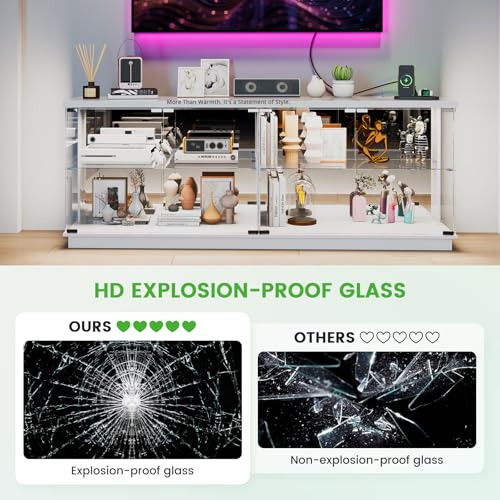 71" Glass TV Stands with Charging Station&Light for Living Room-White | Display Cabinet TV Console with Motion-Senser RGB LED Lights, 2 AC Outlets,USB-C Ports, Entertainment center with Doors