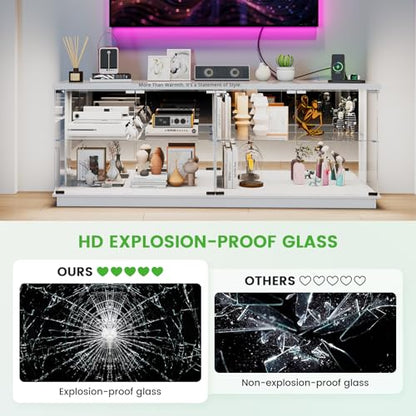 71" Glass TV Stands with Charging Station&Light for Living Room-White | Display Cabinet TV Console with Motion-Senser RGB LED Lights, 2 AC Outlets,USB-C Ports, Entertainment center with Doors
