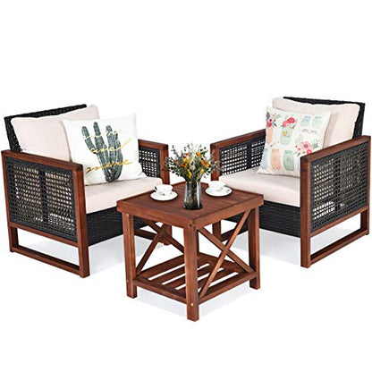 3 Pieces Patio Wicker Furniture Set, Rattan Outdoor Sofa Set w/Washable Cushion & Acacia Wood Coffee Table, Conversation Bistro Set for Garden Balcony Backyard (Beige)