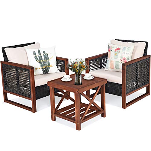 3 Pieces Patio Wicker Furniture Set, Rattan Outdoor Sofa Set w/Washable Cushion & Acacia Wood Coffee Table, Conversation Bistro Set for Garden Balcony Backyard (Beige)