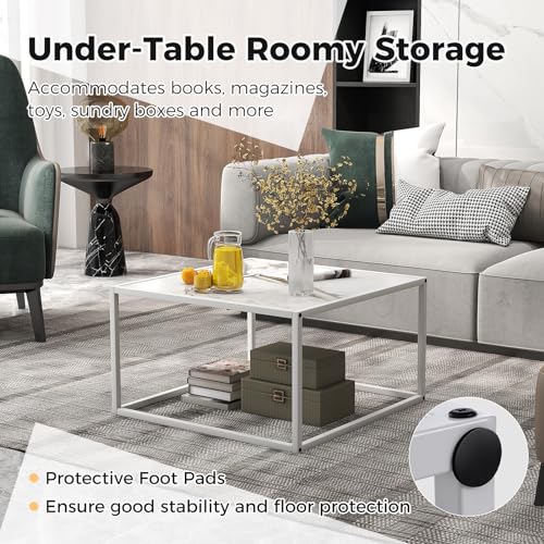 Square Coffee Table with Faux Marble Tabletop & Steel Frame, Center Cocktail Table, Accent Living Room Furniture, Low Bedside Table, Easy Assembly (White)