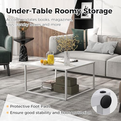 Square Coffee Table with Faux Marble Tabletop & Steel Frame, Center Cocktail Table, Accent Living Room Furniture, Low Bedside Table, Easy Assembly (White)