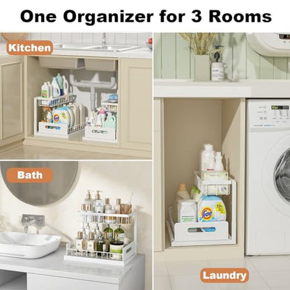 Under Sink Organizer, Pull Out Cabinet Organizer, 2 Tier Metal Slide Out Shelf with L Shaped Design for Kitchen, Bathroom, Laundry, and Utility Cabinet Storage for Deep Cabinets, White, 2 Pack