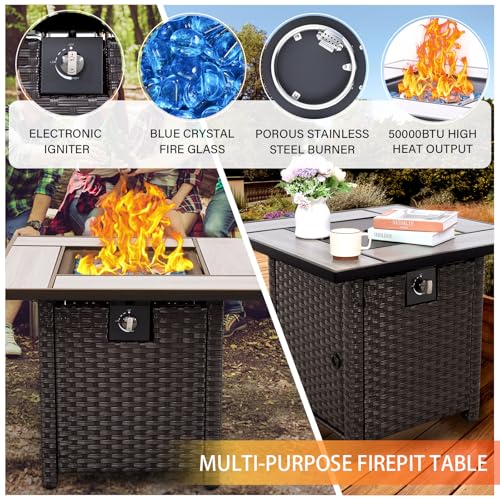 Patio Furniture Set 5 Pieces Outdoor Conversation Sets PE Rattan Couch Loveseat Resin Wicker Sectional Sofa with Storage Box Coffee Table and Propane Fire Pit, Khaki Cushion