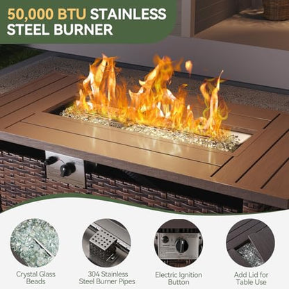 Outdoor Patio Furniture Set with 44'' Fire Pit Table, 7 Pcs Outdoor Patio Furniture Sets with 4in Thicken Cushion, Widen Armrests Wicker Outdoor Sectional for Backyard & Garden, Beige