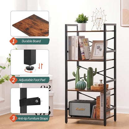 4 Tier Bookshelf - Small Book Shelf Industrial Bookcase, Narrow Book Case Book Storage Organizer for CD/Movie/Book, Bookshelves for Bedroom Office Living Room Berry Brown