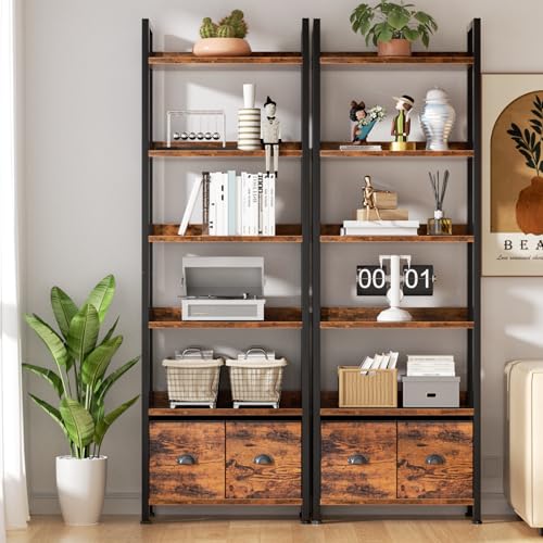 6-Tier Bookshelf, Tall 71" Rustic Bookcase with 2 Drawers Storage Organizer, Industrial Display Free Standing Shelf Units, Wood and Metal Storage Rack for Home Office, Bedroom, Rustic Brown | Bookcase