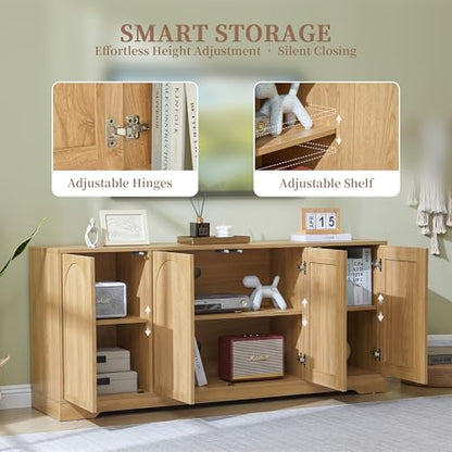62.2 Inch TV Stand for TVs up to 70 Inches, Tall Entertainment Center Cabinet with 4 Fluted & Arched Doors and Cable Management for Living Room Bedroom, Natural Oak