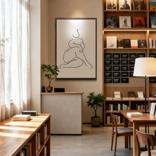 Seated Human Figure Line Drawing Wall Art Canvas Print, minimal figurative line art artwork in black line on white for bedroom, bedroom, office, apartment, modern farmhouse(24x36Inch,Black Framed
