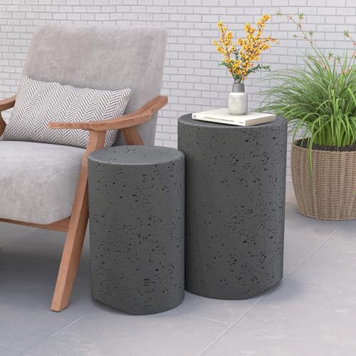 Concrete Outdoor Side Table, Set of 2 Round End Tables, Decorative Garden Stools for Indoor Outdoor, Patio Accent Side Table w Spotted, Nesting, Dark Grey