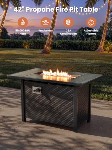 11 Piece Outdoor Patio Furniture Set with Fire Pit Table,Conversation Sectional Wicker Couch with Swivel Chairs,Modern Outside Sofa for Balcony Backyard, Blue
