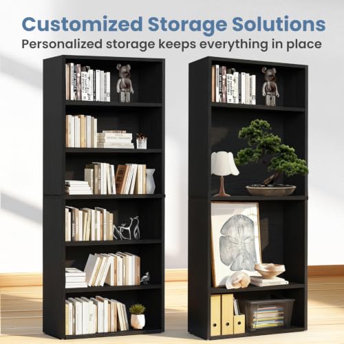 6-Tier Bookcase, 63 Inch Tall Open Bookshelf, Modern Black, view 7