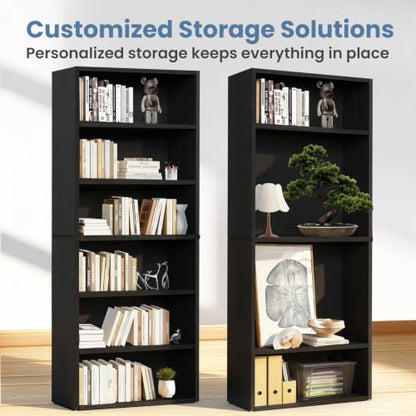6-Tier Bookcase, 63 Inch Tall Open Bookshelf, Modern Black, view 7