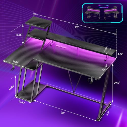 40 Inch Gaming Desk with LED & Power Outlet, Carbon Fiber Black, view 3