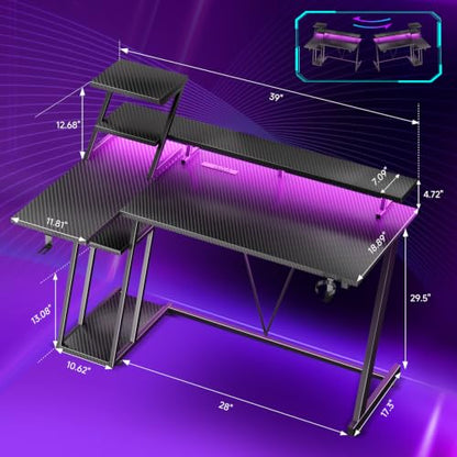 40 Inch Gaming Desk with LED & Power Outlet, Carbon Fiber Black, view 3