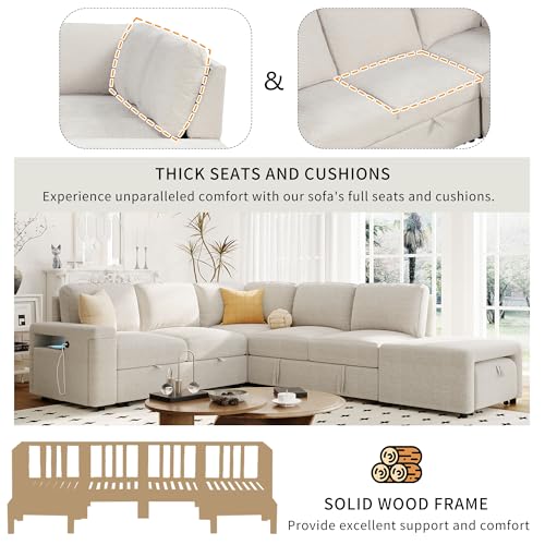 L-Shaped Modular Sofa with Removable Storage Ottoman, USB Ports and Cup Holder, Upholstered Sectional Couch & Armrest, Free Combination Indoor Furniture for Living Room, Apartments, Beige