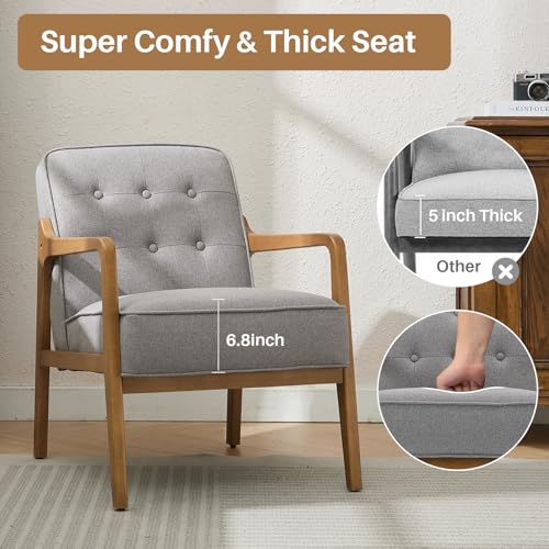 Linen Accent Chair, Mid Century Modern Chair for Living Room, Upholstered Comfy Lounge Armchair with Solid Wood Frame, Reading Side Chair for Bedroom,105°Ergonomic Comfort, Grey