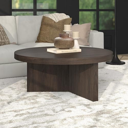 36" Fluted Round Low-Profile Coffee Table with Ribbed Pedestal Base Living Room, Family Room, or Office, Rich Brown