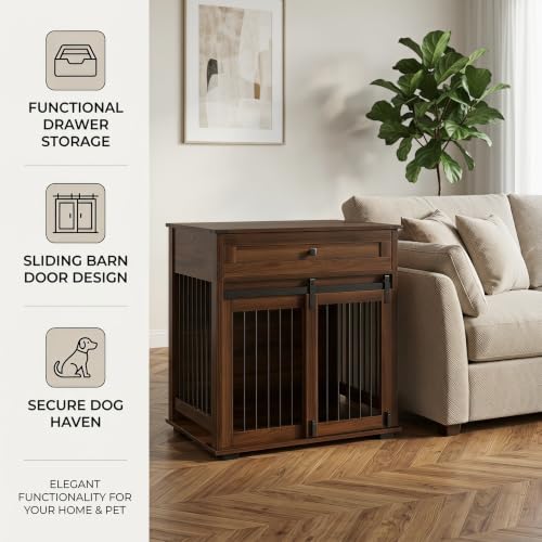 Dog Crate Furniture with Sliding Barn Door & Storage Drawer, End Table, view 5