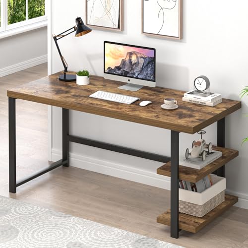 Modern Computer Desk, Home Office Desk with Storage Shelf, Wood Study Writing Table Workstation for Bedroom Living Room, Rustic Brown, 53 Inch