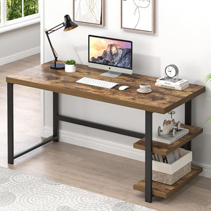 Modern Computer Desk, Home Office Desk with Storage Shelf, Wood Study Writing Table Workstation for Bedroom Living Room, Rustic Brown, 53 Inch