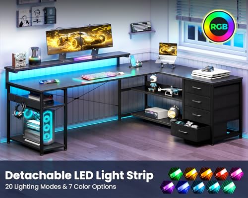 61" L Shaped Desk with Drawer, Computer Desk with Power Outlets & LED Lights, Reversible Corner Gaming Desk for Home Office Workstation, Office Desk with Monitor Shelf, Pure Black