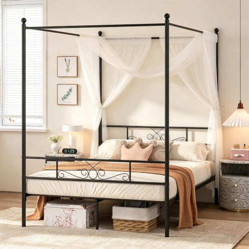 Full Metal Canopy Platform Bed Frame with Headboard, Black, view 2