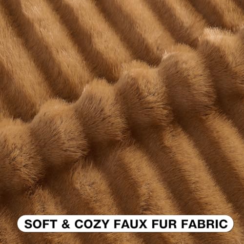 Pack of 2 Faux Mink Fur Throw Pillow Covers 12x20 Inch Soft Fluffy Dyeing Striped Textured Farmhouse Decorative Lumbar Pillowcases Modern Home Decor for Couch Bed Living Room, Camel