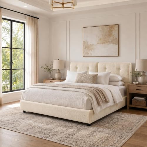 Bed Frame Queen Size, Boucle Upholstered Bed Frame with Headboard, view 2