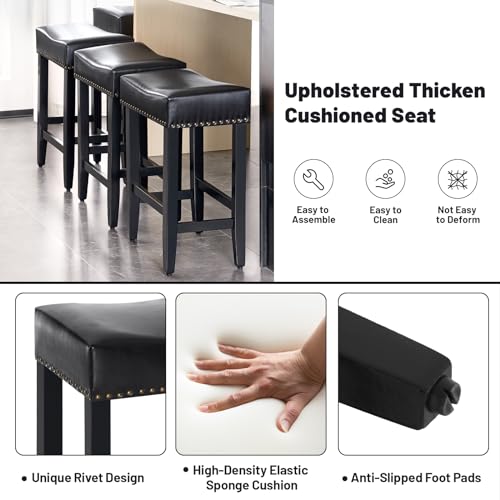Bar Stools Set of 6,25.7 inch Counter Height Bar Stools,Upholstered Kitchen Barstools with Solid Wooden Legs, Saddle Stools for Kitchen Island, Bar, Cafe, Black