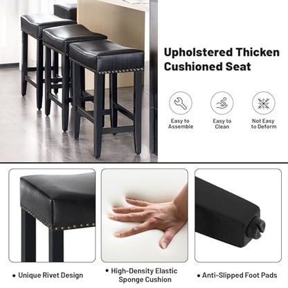 Bar Stools Set of 6,25.7 inch Counter Height Bar Stools,Upholstered Kitchen Barstools with Solid Wooden Legs, Saddle Stools for Kitchen Island, Bar, Cafe, Black