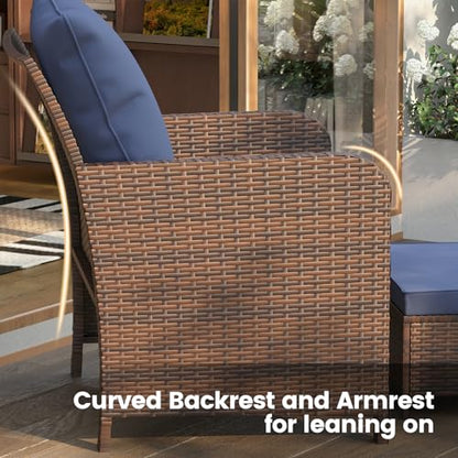 Balcony Furniture Patio Chairs with Hidden Ottoman 5 Piece Patio Furniture Set with Side Table for Front Porch, Blue Cushion