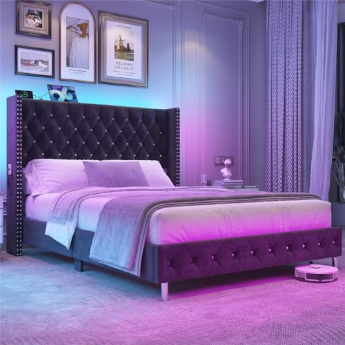 Queen LED Upholstered Bed Frame with Wingback Headboard, view 4