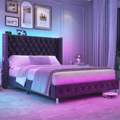 Queen LED Upholstered Bed Frame with Wingback Headboard, view 4