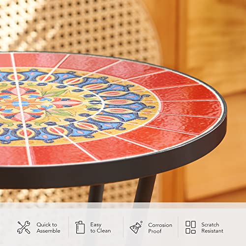 Patio Side Table and Plant Stand, 21" End Table with 14" Ceramic Tile Top for Porch Garden Decor, Indoor and Outdoor Mosaic Table, Living Room Bedroom Balcony Furniture for Home & Garden, Red