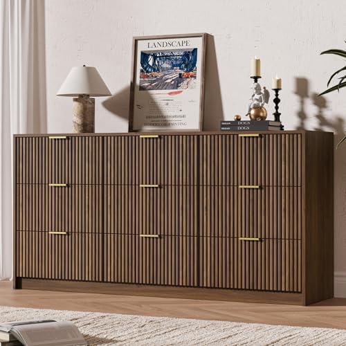 63" Wide Fluted 9-Drawer Dresser for Bedroom, Walnut, view 2