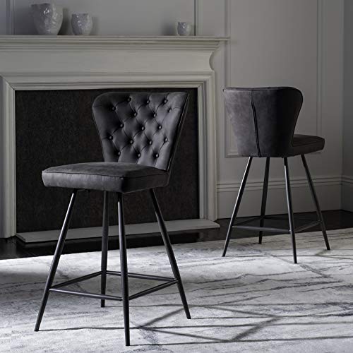 Safavieh FOX1702C-SET2 American Homes Collection Ashby Modern Tufted Swivel Counter Stool, 26", Grey/Black
