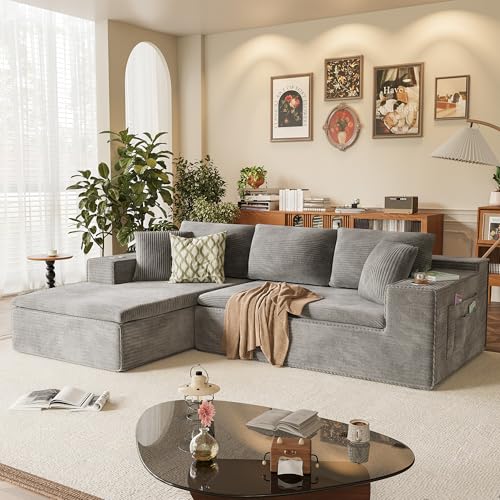 109" Boneless Couch with Memory Foam, Modular Sectional Sofa with L-Shape Chaise, Cloud Couch with Deep Seat, Dual Cup Holders & Side Pockets, No Assembly Required (Gray)
