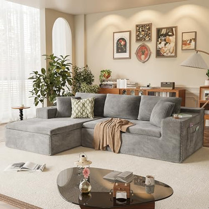 109" Boneless Couch with Memory Foam, Modular Sectional Sofa with L-Shape Chaise, Cloud Couch with Deep Seat, Dual Cup Holders & Side Pockets, No Assembly Required (Gray)