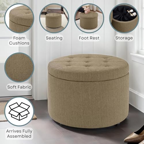 Designs4Comfort Round Shoe Ottoman 22" - Upholstered Footstool, Small Table, & Seat with Storage Compartment for Living Room, Entryway, Bedroom, Sandstone Fabric