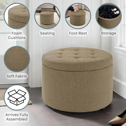 Designs4Comfort Round Shoe Ottoman 22" - Upholstered Footstool, Small Table, & Seat with Storage Compartment for Living Room, Entryway, Bedroom, Sandstone Fabric