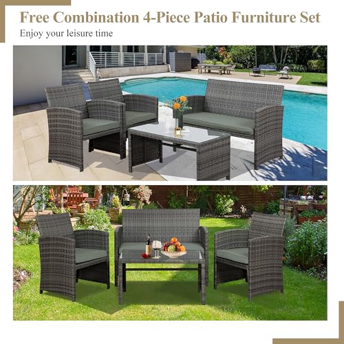 4 Piece Outdoor Patio Furniture Set, Outdoor Wicker Rattan Chairs Conversation Sets with Cushions & Coffee Table for Outside, Garden, Balcony, Porch, Grey