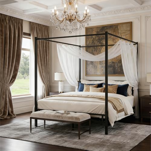 Queen Size Canopy Bed Frame with Heavy Duty Metal Slats, Black, view 2