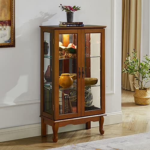 Curio Cabinet Lighted Curio Diapaly Cabinet Wooden Shelving Unit with Adjustable Shelves and Mirrored Back Panel, Tempered Glass Doors (Oak, 3 Tier)