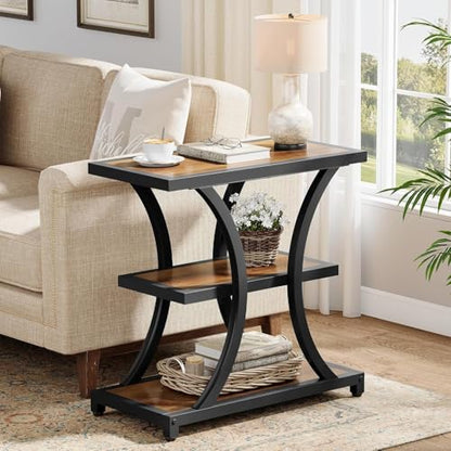 Tribesigns End Table with Storage, 3-Tier Side Table with Geometric Metal Design, Industrial Nightstand for Small Spaces, Living Room, Bedroom, Study Room (Rustic Brown)