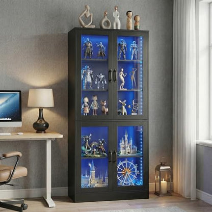 Modern Black 5-Tier Display Cabinet with Glass Doors and LED Lights, 65" Tall Storage Bookshelf, 4-Door Freestanding Curio Cabinet for Living Room, Home Office